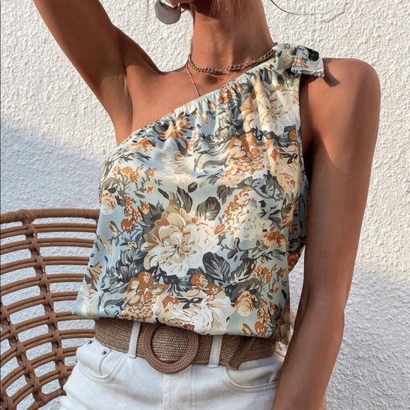 Boho Floral Print One Shoulder Top Blouse - Picture 9 of 15